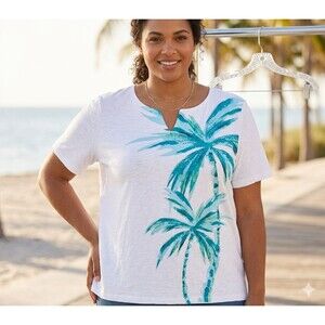 Coral Bay Women’s 1X Palm Tree Tee 100% Cotton Sparkle Beaded Graphic Top